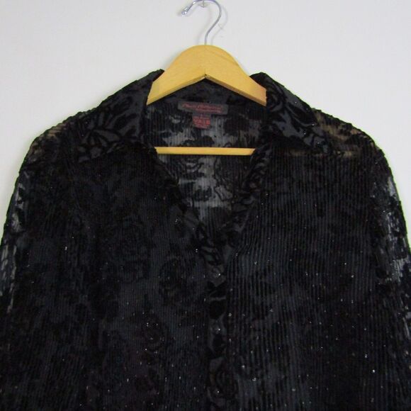 Women's Top L Black Burnout Velvet Roses Witchy Pleated Gothic Whimsygoth Sheer - Picture 14 of 14